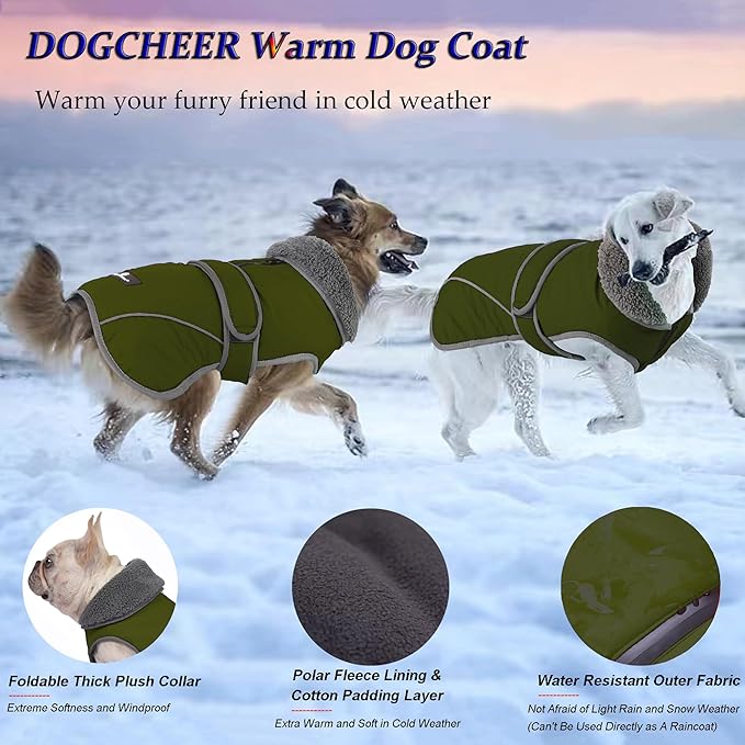 Dogcheer Dog Coat, Waterproof Dog Jacket Reflective Pet Winter Coat with Adjustable Hook & Loop, Christmas Puppy Fleece Jacket Warm Turtleneck Snowsuit for Small Medium Large Dogs - Green, M