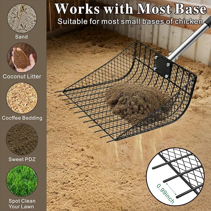 11.61" Chicken Poop Scooper & Rake, Otunrues Pooper Scoopers, 25" to 67" Large Metal Stainless Steel Chicken Litter Scoop with Handle for Farm Pet Waste Cleaning Sifting Litter Shovel