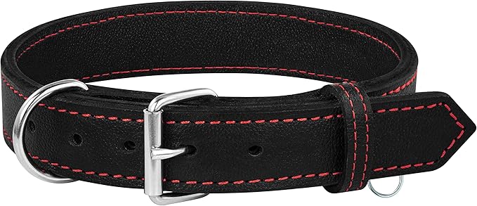 Riparo Dog Collar - Genuine Leather Dog Collars - Heavy Duty Dog Collars for Medium Large and Extra Large Dog Breeds (M: 1” Wide for 14” - 18” Neck, Black/Red Thread)