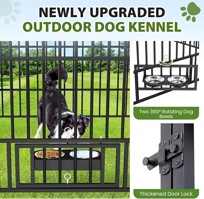 Rovibek Outside Dog Kenne with Roof 6.5x6.5x6.3 Ft, Outdoor Dog Kennel with 3 Sides Sun-Proof Cover,Large Dog Kennel Outdoor, Dog Run Enclosure with 2 Rotating Bowls for Large Dogs