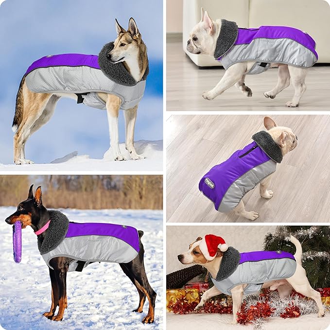 Dog Coat, Waterproof Ripstop Dog Winter Jacket with Leash Hole, Reflective Adjustable Warm Pet Fleece Snow Sweater for Small Medium Large Dogs - Purple, L