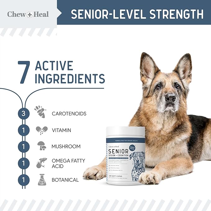Senior Dog Vision and Cognition Chews - 60 Soft Chews for Dog Eye Care and Memory - 7-in-1 Multivitamin with Omega Fatty Acids, Vitamins, and Botanicals - Made in The USA
