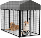 HITTITE 8x4x6 FT Large Outdoor Dog Kennel, Expandable Modular Dog Kennel Outside with Rotate Feeding Door, Heavy Duty Welded Wire Steel Dog Run Dog Playpen Fence with Black Roof Cover for Backyard