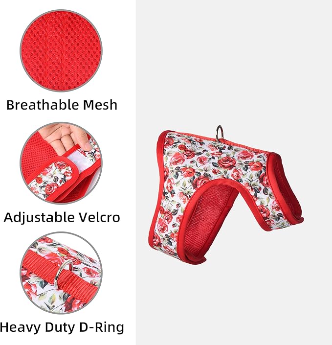 Mile High Life Dog Harness, Air Mesh Floral Vest Harness for 20 lbs Small Dogs & Cats, Easy Get on Adjustable Easy Closures Both Neck and Chest(Red Rose, S Chest 16"-18")