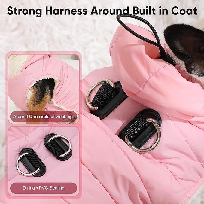 Fleece Lining Dog Hoodie with Harness Built in,Extra Warm Medium Dog Jacket in Winter Doggie Coats with Drawstring Hooded,Light Pink L