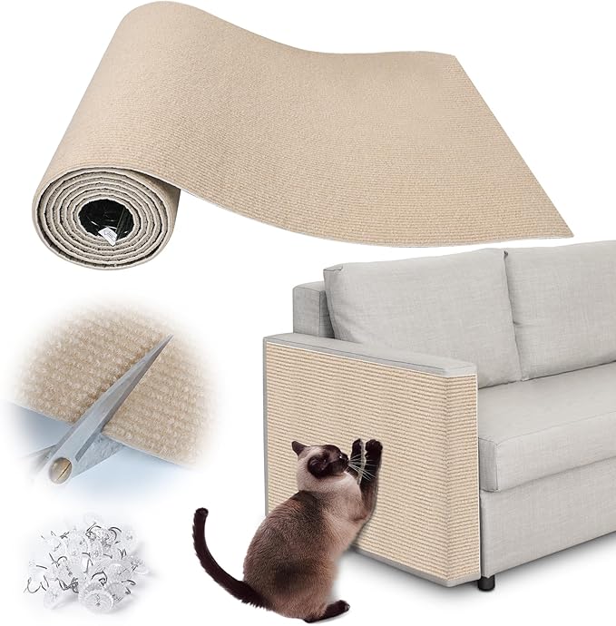 Cat Scratch Furniture Protector - 138" x 15.8" Trimmable Self-Adhesive Cats Claws Scratch Pads, DIY Cat Climbing Couch Protector for Scratch Post Cat Tree Replacement Indoor (Khaki)