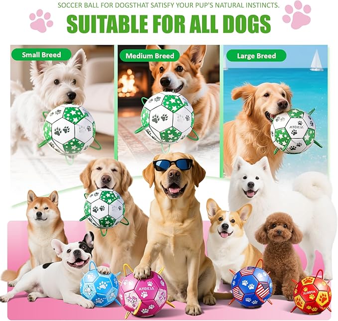 Size 3 Interactive Dog Football with Strap, White & Green, Eye-Catching Star and Paw Print Design, Ideal Outdoor Training Pet Toy, Perfect Choice for Medium & Large Dogs' Playtime