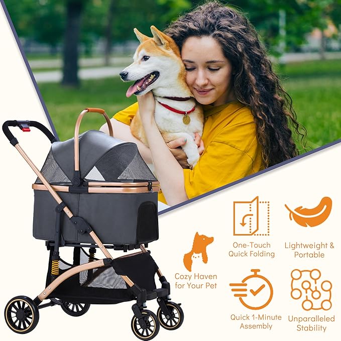 Pet Stroller for Small Medium Dogs, Lightweight Small Dog Stroller for Dogs Cats with 6 Shock Absorption System, Detachable Carrier Suitable for Car Seat & Hand Carry, Safe Outings, Gray