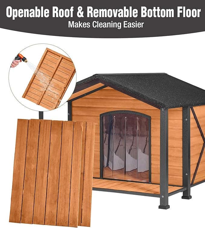 Extra Large Insulated Dog House Outdoor, Weatherproof Wooden Dog House with Porch for Winter with 6 Sides All-Round Foam with Strong Metal Chew Proof Frame