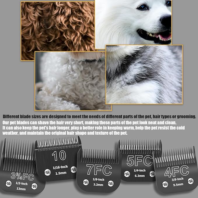 5 Pack Detachable Dog Grooming Steel Blades with Blade case Holder,Compatible with Andis,Oster A5,Wahl KM-10 Series,Cutting Length 1/16" to 1/2"(10+7FC+5FC+4FC+3-3/4FC-black)