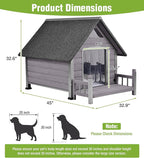 GUTINNEEN Dog House Outdoor Weatherproof with Porch, Puppy Shelter Indoor with Anti-Bite Design, PVC Curtain, Asphalt Roof, Elevated Waterproof Base, for Small to Medium Dogs - Grey