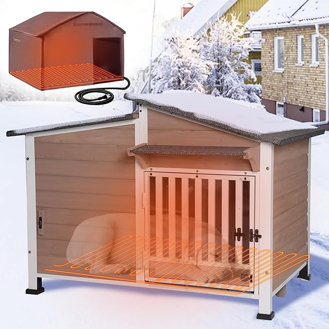GUTINNEEN Heated Dog House Outdoor with Electric Heating Pad, Insulated Wooden Dog Kennel with 360° Rotating Feeding Bowl, Anti-Chewing Metal Frame, Brown