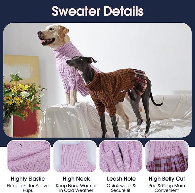 IECOii Big Girl Dog Sweater Dress, Cable Knit Sweater for Extra Large Dogs Girl,Purple,4XL, Cute Dog Warm Dress for Fall Winter, Good Stretcy Fit Knitwear for Giant Breed Dogs Female Indoor & Outdoor