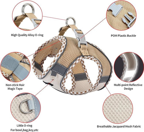 AIITLE Escape-Proof Dog Harness - Extra Soft Jacquard Fabric with Moisture-Wicking Lining, Adjustable Fit for Boston Terrier, Pekingese - Running, Playdates, Outdoor Adventures (Brown-Beige, L)