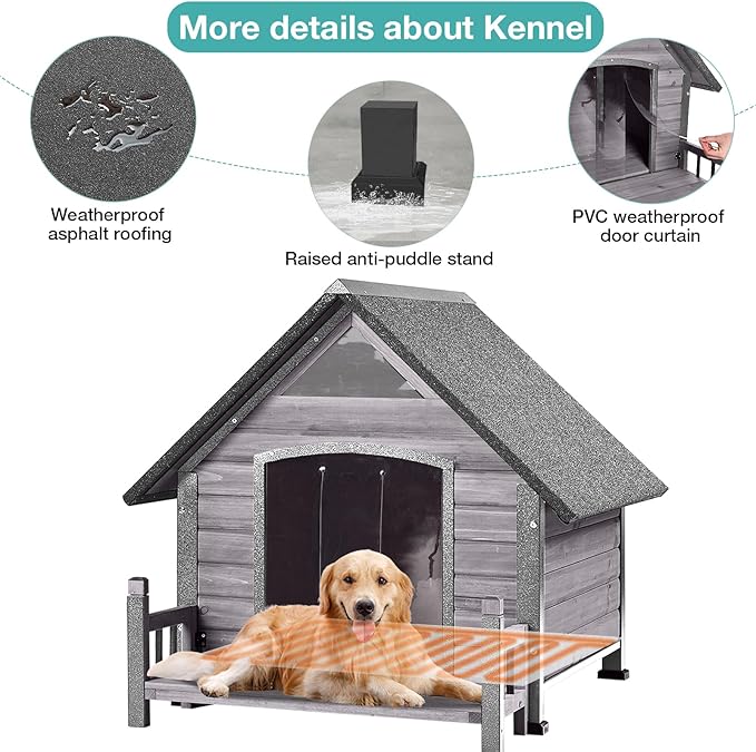 Dog House Outdoor, Insulated Dog Kennel Outside for Large Breed, 50.87" L Weatherproof Large Dog Shelter with Anti-Chewing Iron Frame (Grey-H, 45" D x 32.9" W x 32.6" H)