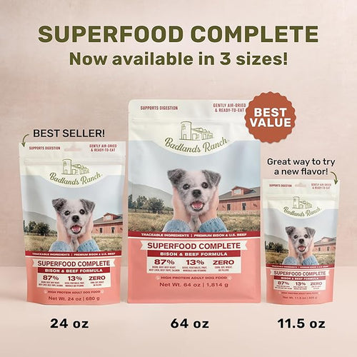 BADLANDS RANCH - Superfood Complete, Air-Dried Adult Dog Food - High Protein, Zero Fillers, Superfood Nutrition by Katherine Heigl (11.5 oz, Beef & Bison Formula)