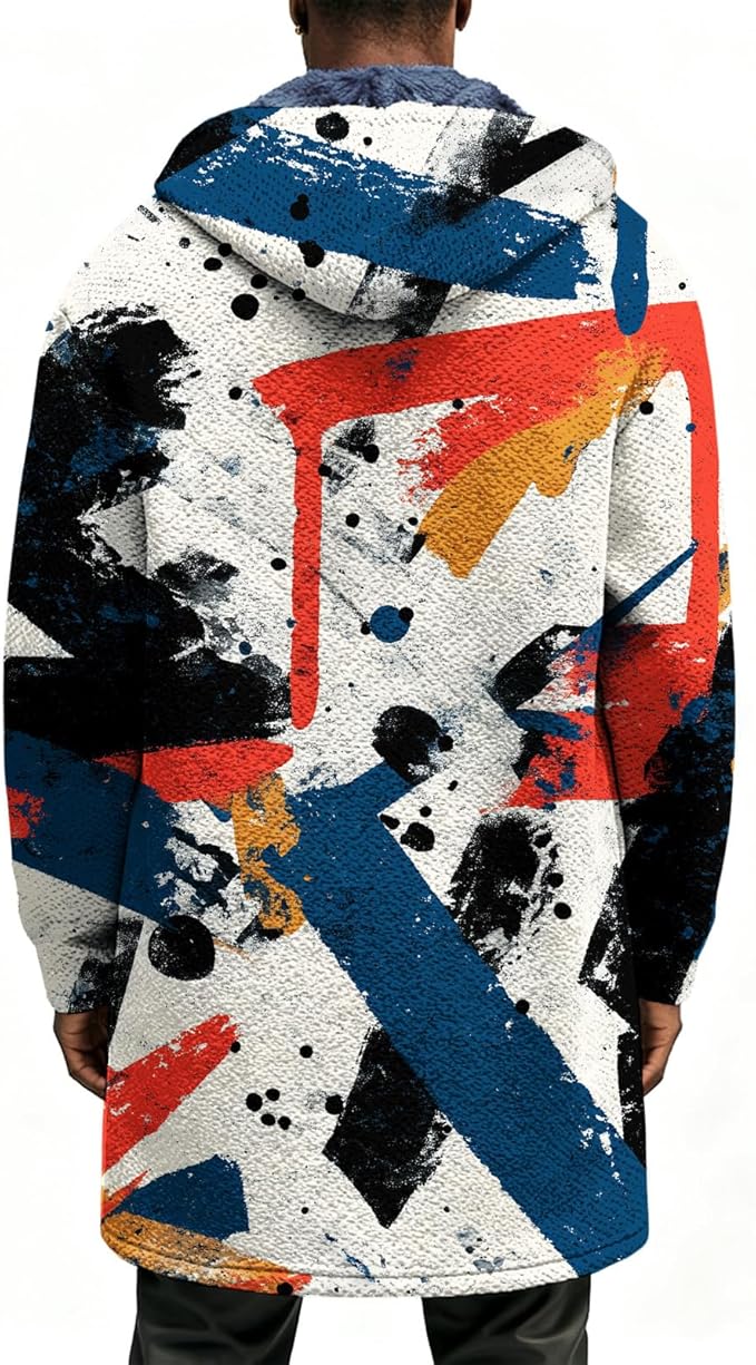Mens Long Cardigan Hoodies Full Zip Fleece Lined Jackets Fashion Knitted Color Block Hooded Coat with Pockets