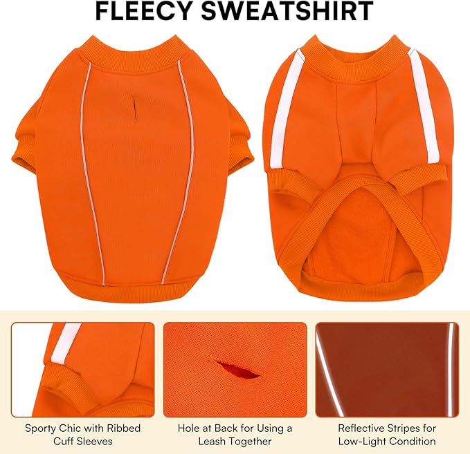 Queenmore Cozy Fleece Dog Sweater Medium, Soft Pullover Dog Sweatshirt, Warm Winter Fleece Jacket with Leash Hole/Reflective Stripes for Small Medium Large Dogs Orange