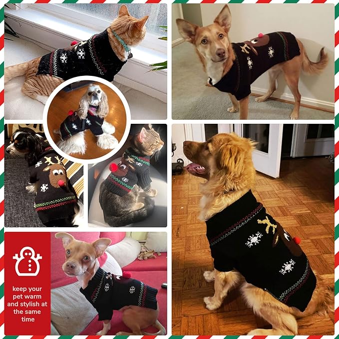 PETCARE Dog Christmas Sweater Black Ugly Funny Cute Cartoon Reindeer Cat Sweaters Jumper Holiday Dog Clothes Puppy Sweaters for Small Medium Large Dogs Fall Winter Outfits Xmas Dogs Costume,XX-Large