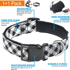 Reflective Dog Collar Padded with Soft Neoprene Breathable Adjustable Nylon Dog Collars for Small Medium Large Dogs (Small (Pack of 1), Black Plaid Collar+Leash)