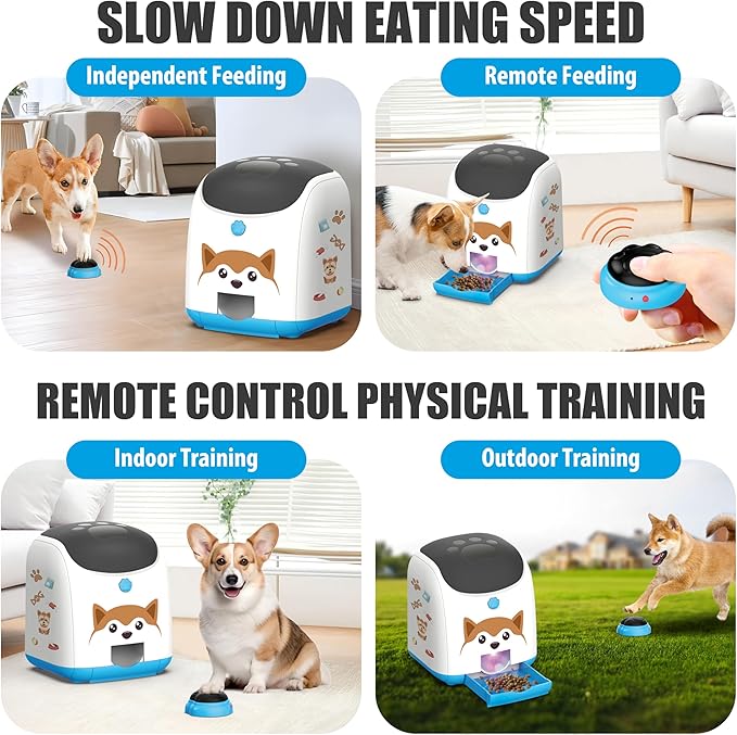 Dog Puzzle Feeder Toy, Automatic Dogs Treat Dispenser,Interactive IQ Training, Dog Slow Feeder,Remote Button Treat Dispenser,All Breeds,Large Capacity with Light (Blue)