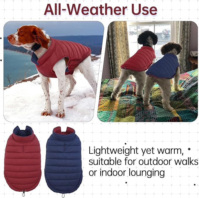 Lelepet Reversible Dog Coat Waterproof Dog Jacket Windproof Puffer Vest for Winter Warm Lightweight Coats for Small Dogs Adjustbale Hook & Loop Pet Apparel with Leash Hole, Shih Tzu, Wine Red, S