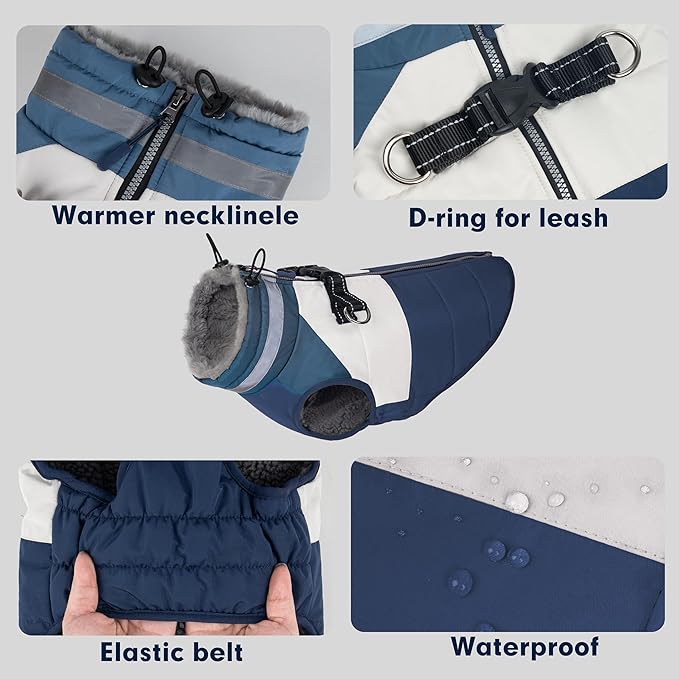 azuza Dog Jacket for Medium Dogs Waterproof Dog Coat with Reflective Strips and Harness Built in Warm Fleece Dogs Winter Coat Windproof with Back Zipper, Navy 2XL
