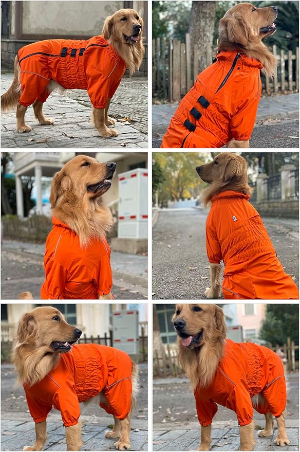Dogs Waterproof Jacket, Lightweight Waterproof Jacket Reflective Safety Dog Raincoat Windproof Snow-Proof Dog Vest for Small Medium Large Dogs Orange XXL