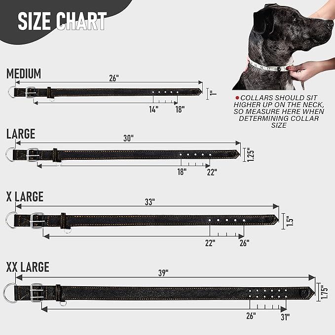 Riparo Dog Collar - Genuine Leather Dog Collars - Heavy Duty Dog Collar for Medium Large and Extra Large Dog Breeds (XXL: 1.75” Wide for 26” - 31” Neck, Black/Orange Thread)