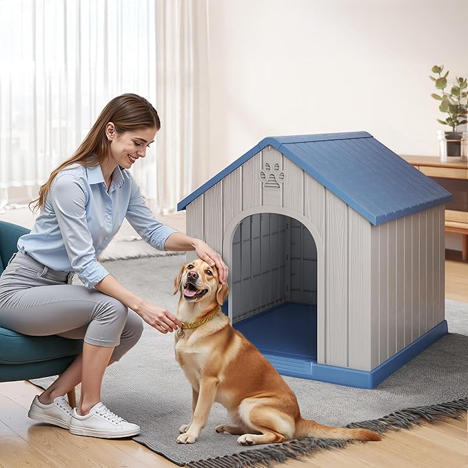 DRATO Indoor Outdoor Waterproof Dog House,PP Material,Puppy Shelter with Air Vents and Elevated Floor,Sturdy Dog Kennel for Small to Large Sized Dogs, Easy to Assemble (Blue, 38.62×36.26×38.07 Inches)