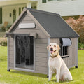 Large Dog House Outdoor, Wooden Indoor Dog House Kennel with Waterproof Roof, Chew-Proof Iron Frame, Doghouse Puppy Shelter for Medium Large Dogs, 30.5''x37.4''x39.3''