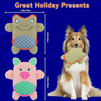 Crinkle Dog Toys Squeaky Plush No Stuffing Cute Puppy Stuffless Tough Rop Pull Toy, Fun Dog Stuffed Animals Durable Chew Set for Small Medium Large Pup (Large, Pink Pig+Green Frog)