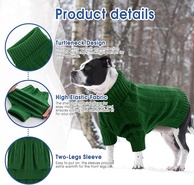 Queenmore Dog Sweaters for Medium Dogs Girls Boys,Soft Dog Sweater Christmas,Turtleneck Pullover Pet Sweaters Knitwear Outfit for Holiday,Knitted Soft Thick Warm Sweater for Bulldog,Dachshund(Green,M)