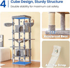 MWPO Extra Large Cat Tree, 77.6-Inch Tall Cat Tower for Indoor Cats with 2 Condos, Multi-Level Cat Stand for Large Cats, 3 Hammocks, Wide Perch, Scratching Posts, Dangling Toys, Light Grey