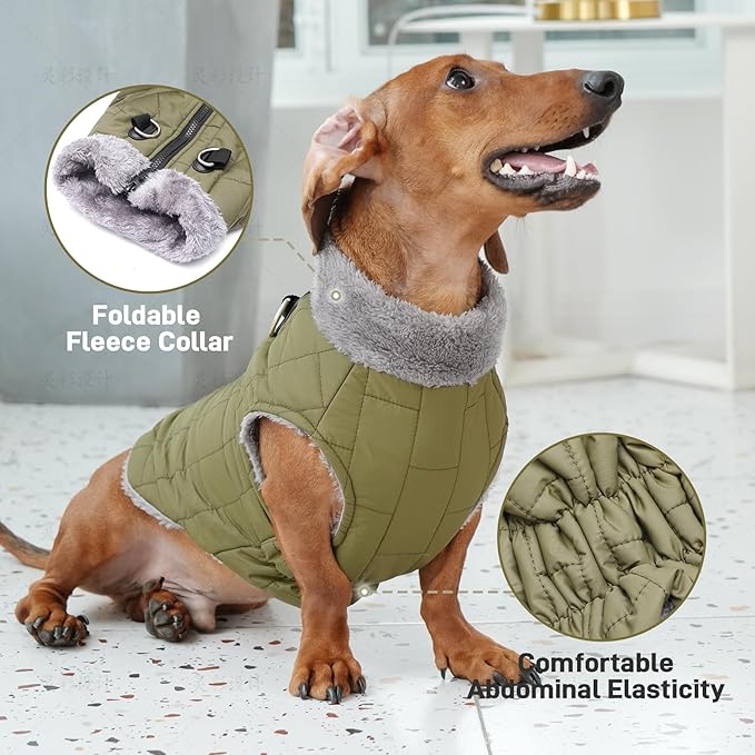 Warm Fleece Dog Coats with Durable Harness Buitl in D-Ring,Waterproof Puppy Jacket for Small Dogs,Dog Vest for Cold Winter,Green XS