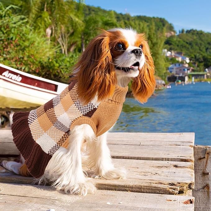 Dog Sweater Dress Plaid Knitwear for Small Medium Dogs Warm Puppy Pet Turtleneck Stretch Pullover Cute Fall Winter Vest Clothes with Leash Hole for Christmas (Coffee, XL)