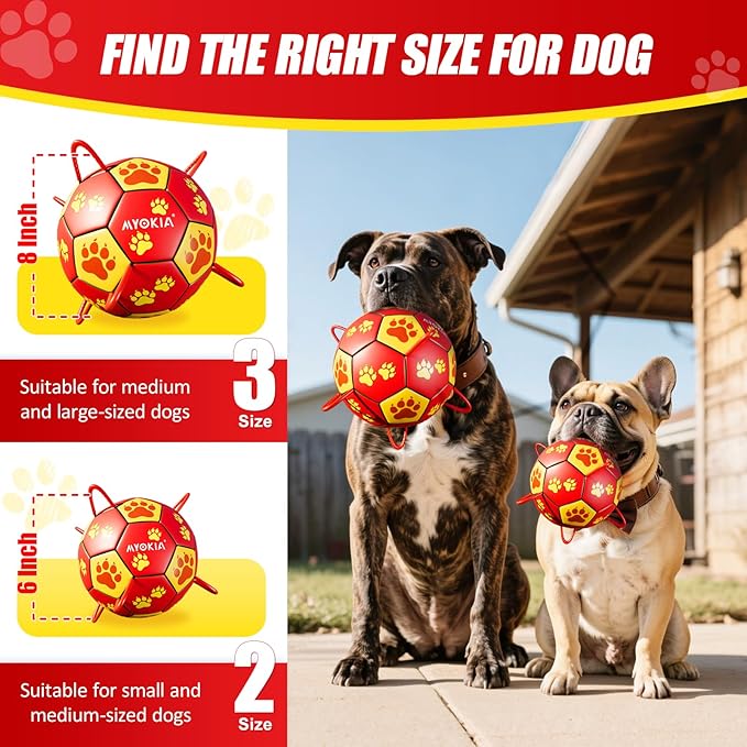 Size 2 Dog Soccer Ball with Straps Durable Training Ball for Pets Interactive Outdoor Dog Toy, Red & Yellow, Paw Prints Design, for Small to Medium Puppies, Pet Supplies