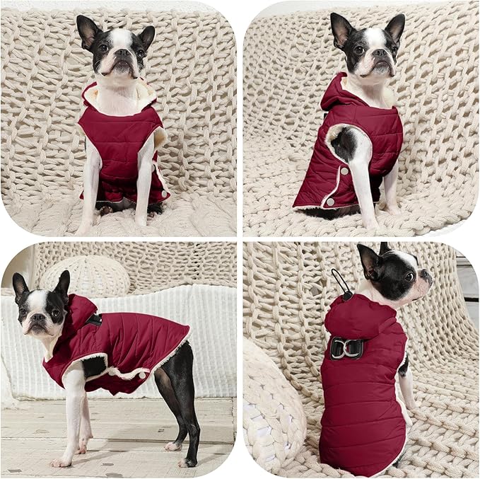 Fleece Lining Dog Hoodie with Harness Built in,Extra Warm Large Dog Jacket in Winter Doggie Coats with Drawstring Hooded,Red XXXL
