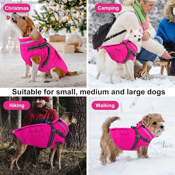 Dogcheer Dog Coat with Harness, Waterproof Warm Dog Winter Jacket with Pockets, Reflective Pet Fleece Jacket Turtleneck Snowsuit for Small Medium Large Dogs - Pink, XS