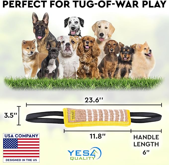 Dog Bite Tug Toy 12 x 3.2 Inches - Durable Pull Toy with 2 Soft & Strong Handles - Tough Jute Bite Pillow for Medium to Large Dogs - Ideal for Tug of War, Fetch, K9, Puppy Training & Interactive Play