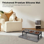 Upgraded Elevated Cat Bowls with Food Mat,15°Tilted Stand Anti Vomiting Raised Cat Dishes for Food and Water,3 Stainless Steel Bowls for Cats and Puppy（Black）