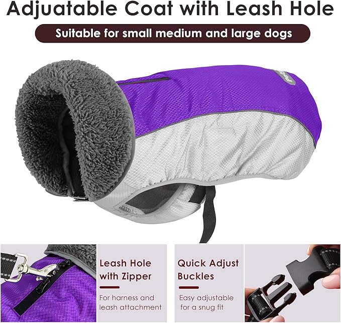 Dog Coat, Waterproof Ripstop Dog Winter Jacket with Leash Hole, Reflective Adjustable Warm Pet Fleece Snow Sweater for Small Medium Large Dogs - Purple, L