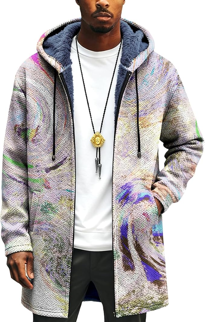 LIZALIG Long Hooded Cardigan Men Japanese Art Style Fashion Cool Graphic Coats Winter Warm Lined Fleece Jacket