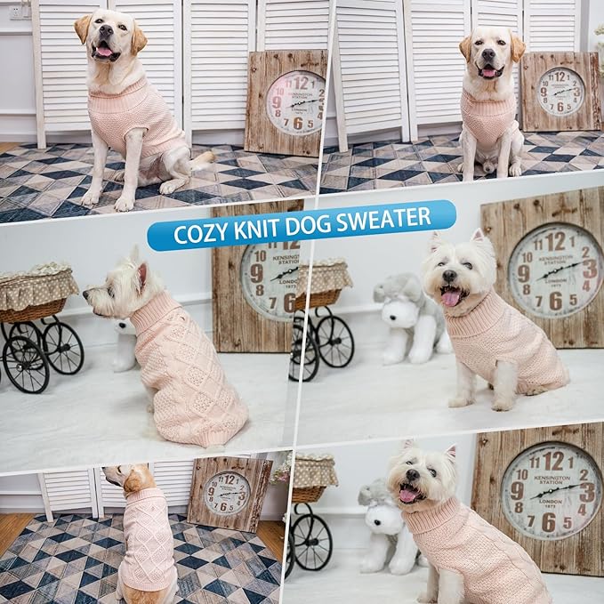 Mihachi Turtleneck Dog Sweater - Winter Coat Apparel Classic Cable Knit Clothes with Leash Hole for Cold Weather, Ideal Gift for Pet in New Year Rosy Small/Medium