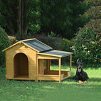 Merax 60.2" Wooden Dog House Outdoor, Extra Large Breed Outside Kennel with Weatherproof, Asphalt Roof, Elevated Floor, Fencing and Porch, for Medium & Large Dogs