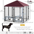 PawHut 4.6' x 4.6' x 5' Outdoor Dog Kennel, Welded Wire Dog Kennel Outside Run with 360° Rotating Bowls, Waterproof & UV Resistant Cover, for S&M Breeds, Chickens, Ducks, Red