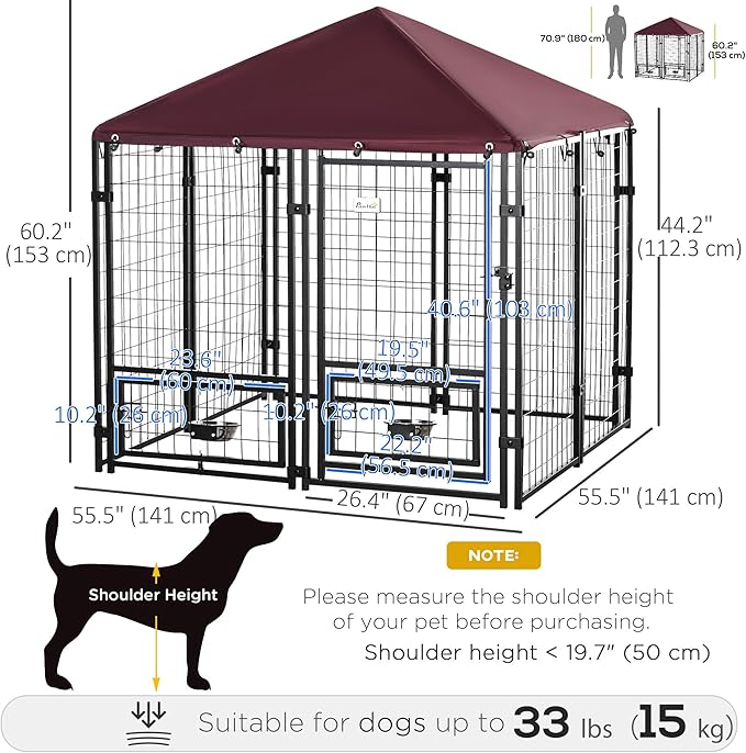 PawHut 4.6' x 4.6' x 5' Outdoor Dog Kennel, Welded Wire Dog Kennel Outside Run with 360° Rotating Bowls, Waterproof & UV Resistant Cover, for S&M Breeds, Chickens, Ducks, Red
