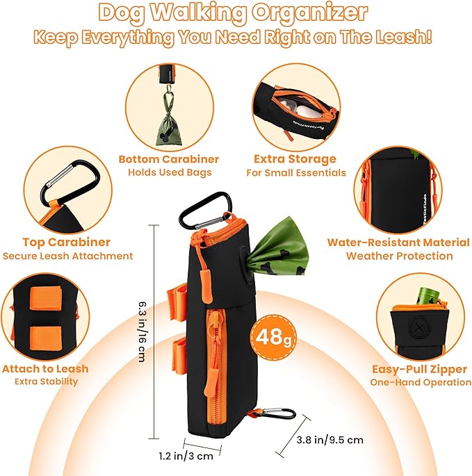Dog Poop Bag Holder for Leash with 2 Waterproof Storage Pouches, Carabiner Clip, Zipper Soft Dog Pouch for Pet Waste Bags, Dog Walking, Training, Travel (Black)