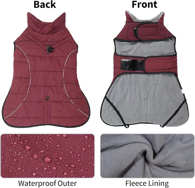 HEYWEAN Dog Winter Coat - Waterproof Windproof Reflective Vest for Medium & Large Breeds Adjustable Warm FleeceLined Jacket with Magic Tape & D-Ring for Leash Cold Weather Apparel (Red, Large)