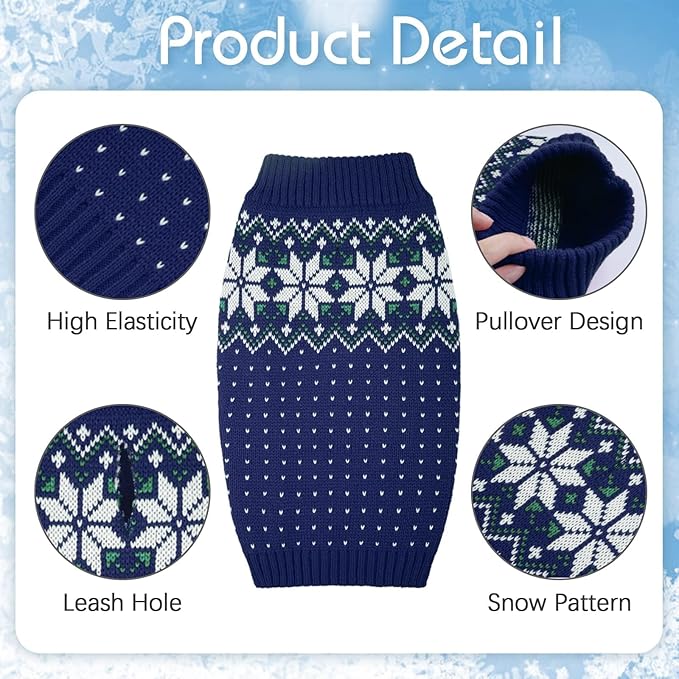 Kuoser Dog Sweater, Holiday Christmas Snowflake Pet Warm Knitwear Dog Sweaters Soft Puppy Clothing, Doggie Turtleneck Cold Weather Outfit Pullover for Small Medium Large Dogs Cats, Blue L